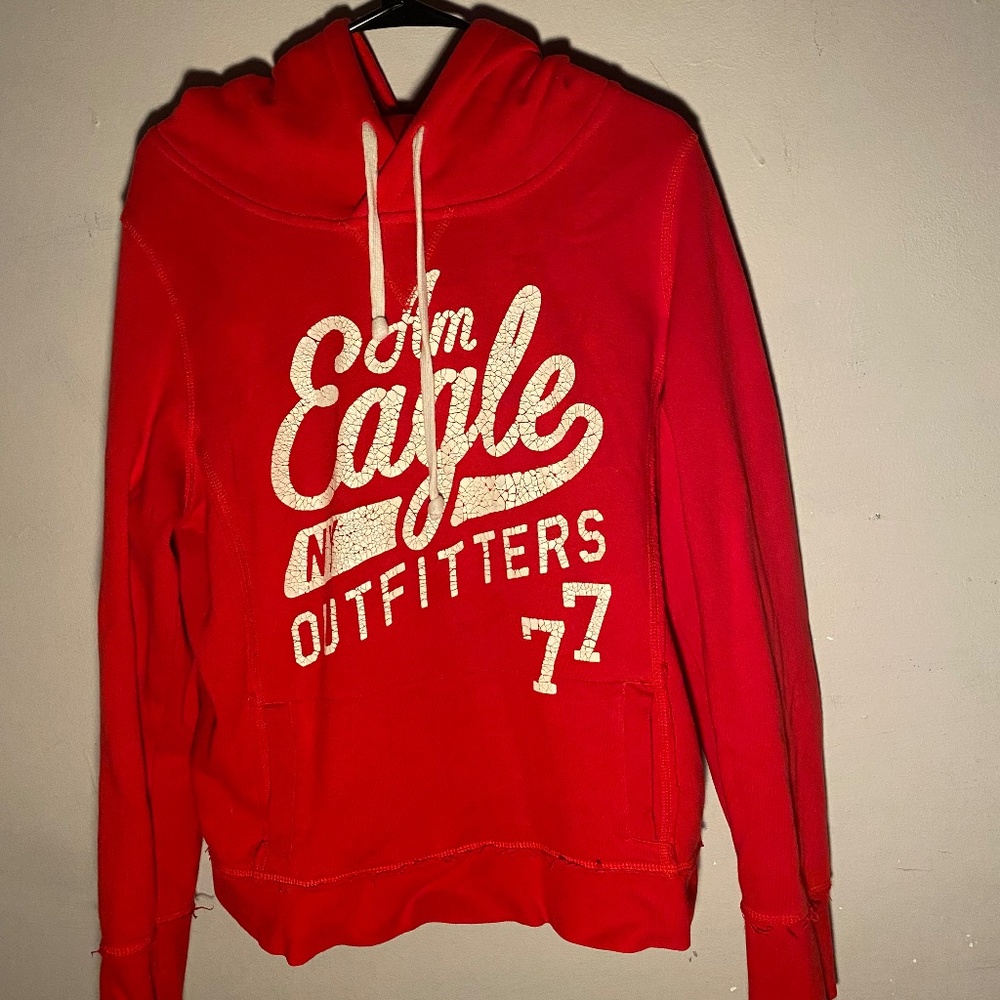 American Eagle Outfitters Red Hoodie Sweatshirt with White Logo